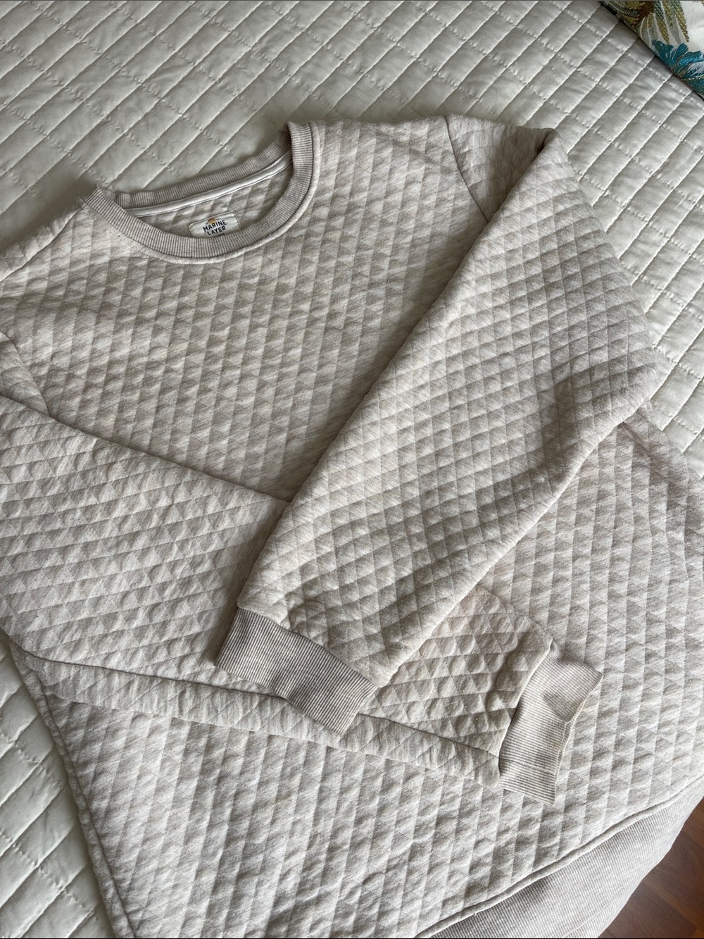 Marine Layer Quilted Crewneck Sweatshirt in Light Beige